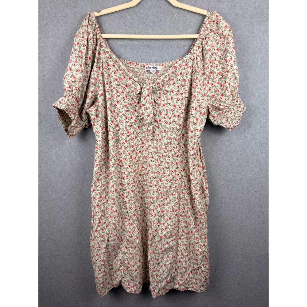Mimi Chica Floral Puff Sleeve Mini Dress Plus 2X Red Green Smocked Back Pockets